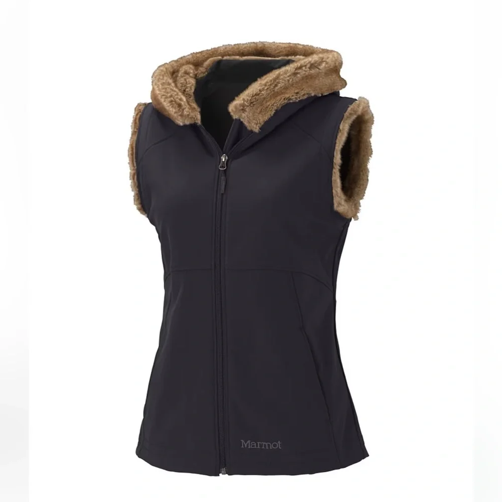 Marmot Furlong Soft shell Faux Fur Trimmed Hooded Vest Sz S Black Fleece Lined - Picture 1 of 14
